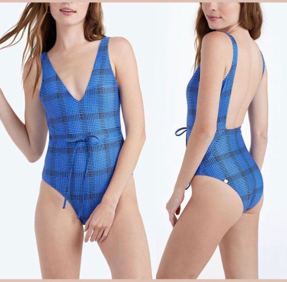 Summersalt The Tie Waist Backflip One Piece Swimsuit Modern Plaid Blue Size 16
